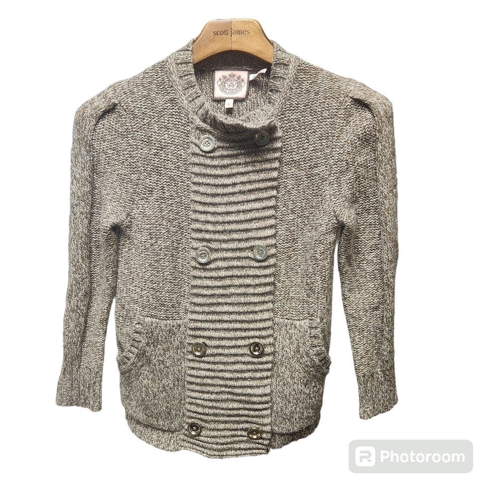 Juicy Couture Knit Brown Double Breasted Sweater 3/4 Sleeve Buttons Pockets Sz.S